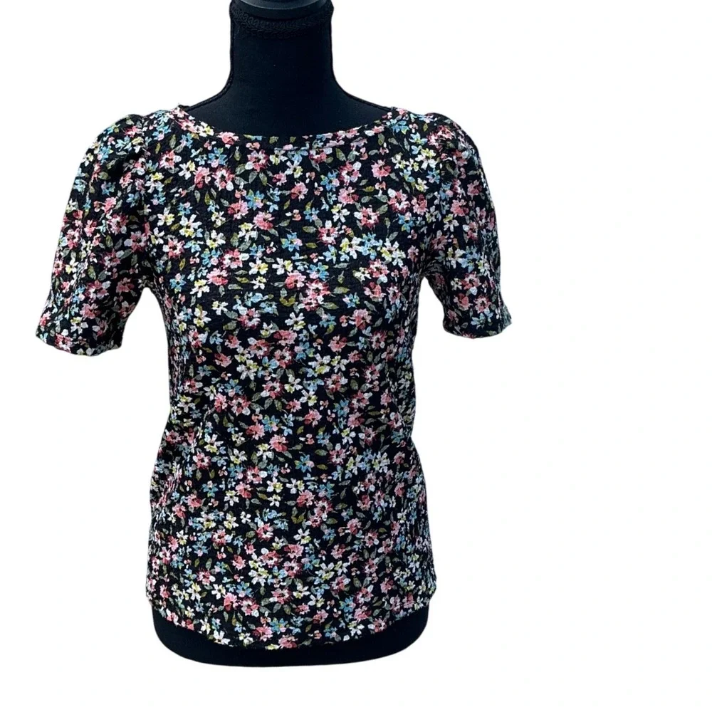 LOFT Petites Black Floral Textured Knit Puff Sleeve Top XXSP Multi Color Stretch